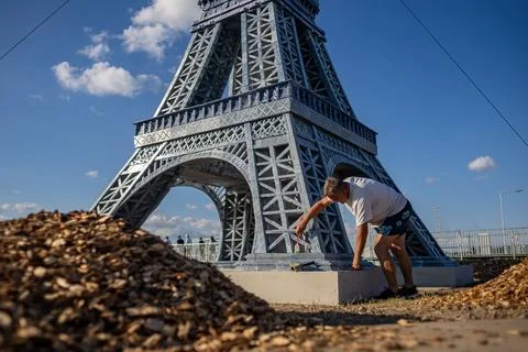 Eco-friendly 3D printed Eiffel Tower brings Olympic fever to Czechia, Most, Czec Stock Photos