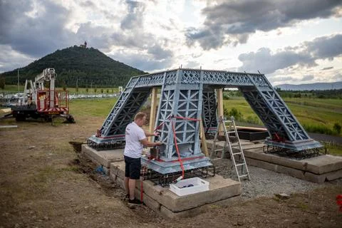 Eco-friendly 3D printed Eiffel Tower brings Olympic fever to Czechia, Most, Czec Stock Photos