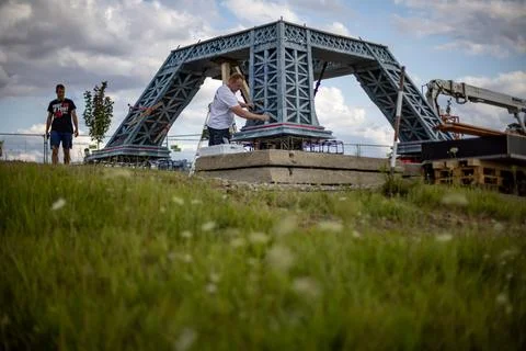 Eco-friendly 3D printed Eiffel Tower brings Olympic fever to Czechia, Most, Czec Stock Photos
