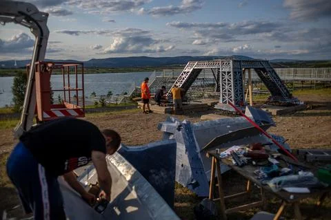 Eco-friendly 3D printed Eiffel Tower brings Olympic fever to Czechia, Most, Czec Stock Photos