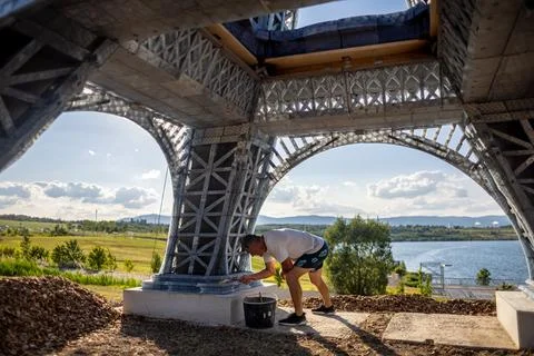 Eco-friendly 3D printed Eiffel Tower brings Olympic fever to Czechia, Most, Czec Stock Photos