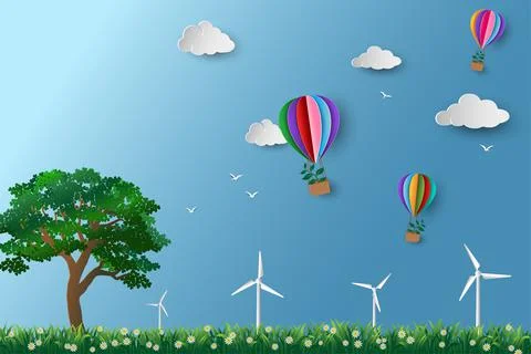 Eco friendly and environment conservation concept,colorful hot air balloon wi Stock Illustration