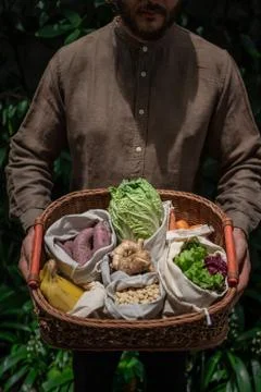 Eco friendly and reusable zero waste cotton bags in basket Stock Photos