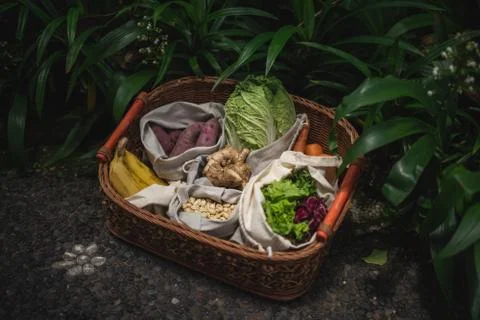 Eco friendly and reusable zero waste cotton bags in basket Stock Photos