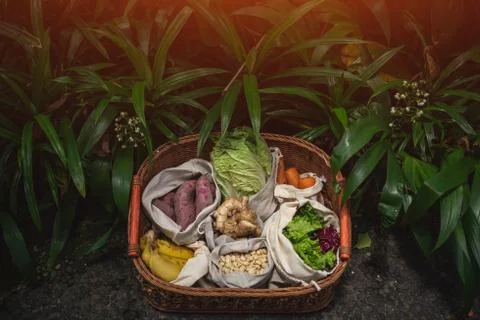 Eco friendly and reusable zero waste cotton bags in basket Stock Photos