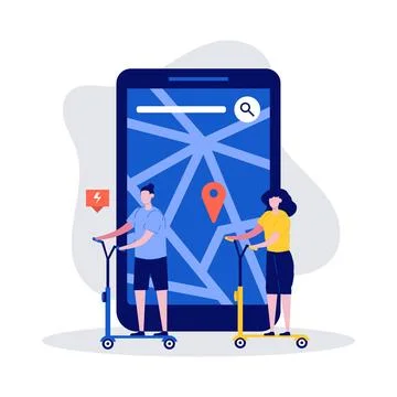 Eco friendly and shared mobility vehicle concept with characters, e-scooter.. Stock Illustration