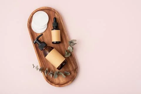 Eco friendly and zero waste toiletries for selfcare. Brown glass cosmetic bot Stock Photos