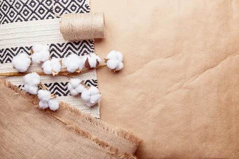 Eco-friendly background with cotton, thread, sacking, copy space. Sustainable Stock Photos