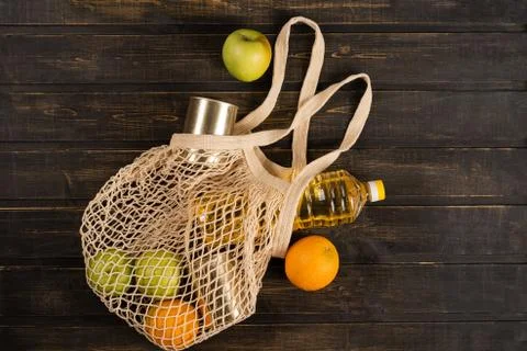 Eco-friendly bag without plastic charity grocery food set, donation box poverty Stock Photos