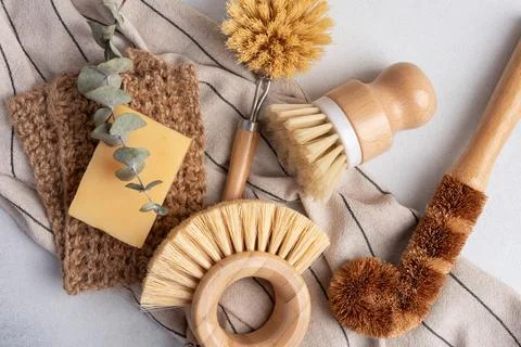 Eco-friendly cleaning set with solid soap and wooden dish brushes. Sustainabl Stock Photos
