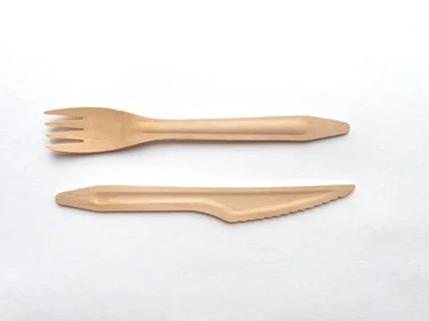 Eco friendly compostable utensils made from sustainable wood on white background Stock Photos