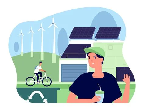 Eco friendly concept. Saving household, green energy house. Flat modern building Ilustración de archivo