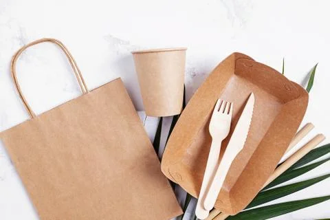 Eco friendly craft paper tableware top view Stock Photos