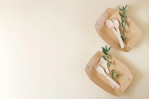 Eco-friendly disposable recyclable tableware top view with copy space Stock Photos