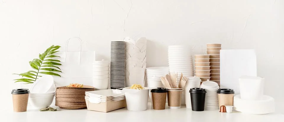 Eco friendly disposable tableware and eating utensils on table Stock Photos