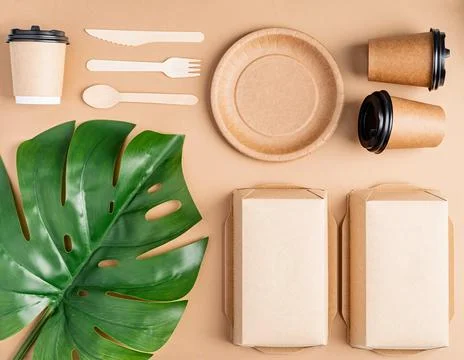 Eco friendly disposable tableware on brown background Stock Photos