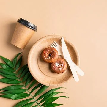 Eco friendly disposable tableware on brown background Stock Photos