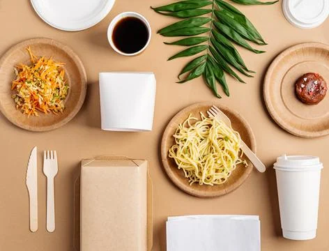 Eco friendly disposable tableware full of food on brown background Stock Photos