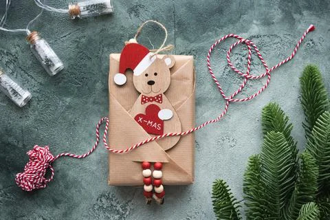 Eco-friendly DIY Christmas present with love. X-mas. Flat lay Stock Photos