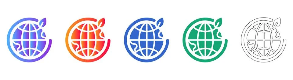 Eco Friendly Earth Globe Icon Set with Leaf Motif and Outline Stock Illustration