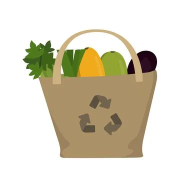 Eco friendly fabric bag with courgette, eggplant, onion and celery. Stock Illustration