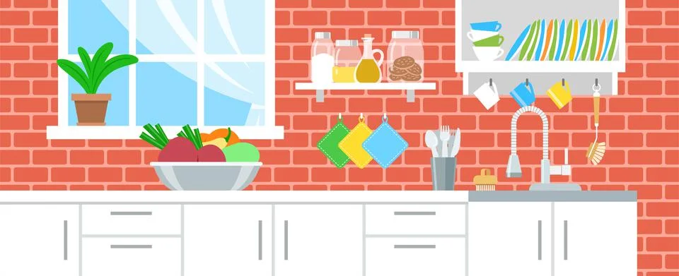 Eco friendly green kitchen interior background Stock Illustration