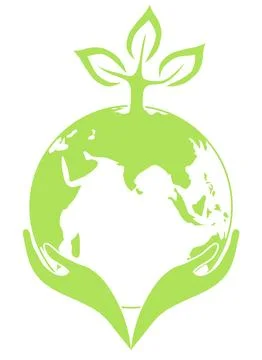 Eco friendly green silhouette vector icon planet Earth with sprout held by Stock Illustration