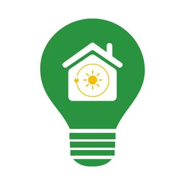 An eco-friendly home concept logo featuring a light bulb with house and sun.. Ilustración de archivo