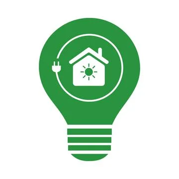 An eco friendly home concept logo featuring a light bulb with house and sun.. Ilustración de archivo