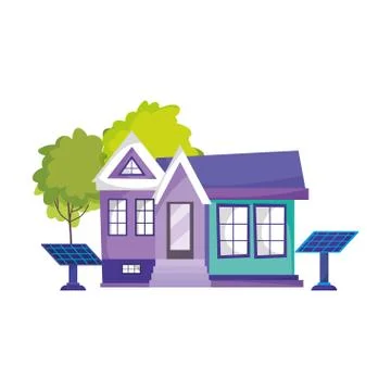 Eco friendly house solar panel energy sustainable tree isolated icon Ilustración de archivo
