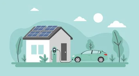 Eco-friendly house vector illustration featuring solar panels on the roof a.. Illustrazione stock
