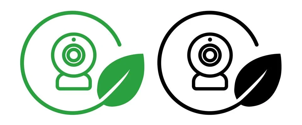 Eco-friendly icon featuring webcam camera lens with a green leaf Stock-Illustration