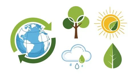 Eco friendly icons with earth, tree, sun, cloud and leaf Stock Illustration