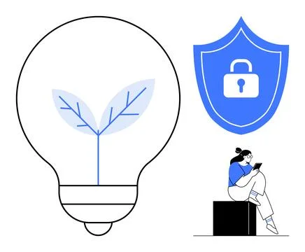 Eco-friendly innovation, cybersecurity shield, and young woman on tablet devi Stock Illustration