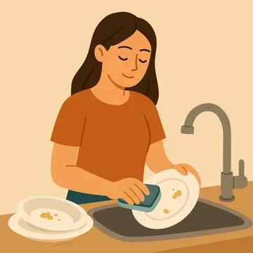 Eco Friendly Kitchen Habit Save Water While Doing Dishes. Girl washing dishes Stock Illustration