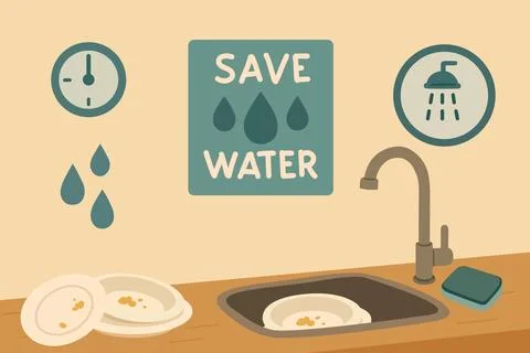 Eco Friendly Kitchen Habit Save Water While Doing Dishes. Illustrazione stock