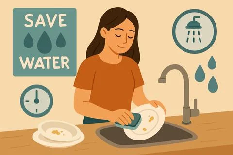 Eco Friendly Kitchen Habit Save Water While Doing Dishes. Girl washing dishes Stock Illustration