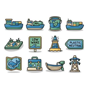 Eco Friendly Maritime Icon Set with Cargo Ships and Conservation Stock Illustration