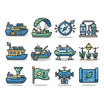 Eco Friendly Maritime System Icon Set with Ocean Cleanup Gear Stock Illustration