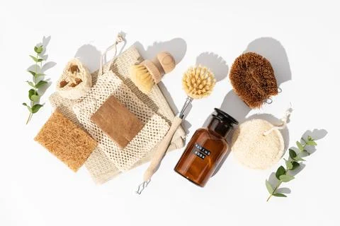 Eco friendly natural cleaning tools and products, Zero waste concept. Plast.. Stock Photos