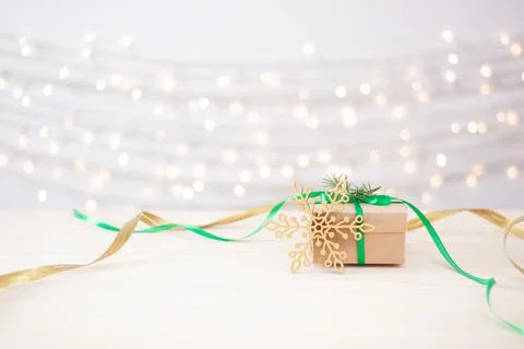 Eco friendly packaging gift in craft paper on wooden table. Zero waste Christ Stock Photos