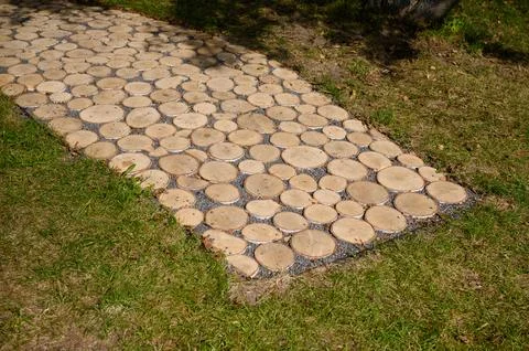 Eco-friendly path made of log cuts winds through sun-drenched lawn. Wooden Stock Photos