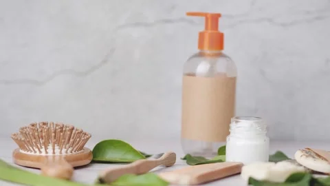 Eco friendly personal care set made of wood, glass and organic ingredients... Stock Footage 285638864