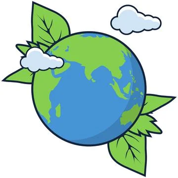 Eco friendly planet earth globe with green leaves and clouds cartoon vector. Stock Illustration