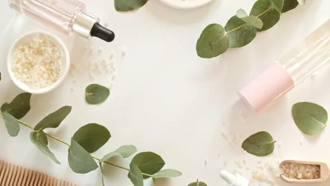 Eco friendly products on white background with eucalyptus leaves. Bottle with Video stock 220941587