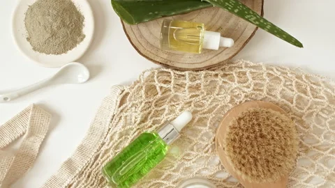 Eco friendly products on white background with green Aloe vera. Gel, fluid Stock Footage 221842883