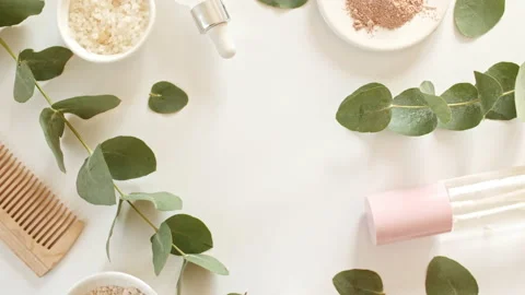 Eco friendly products on white background with eucalyptus leaves. Bottle with Video stock 233723221