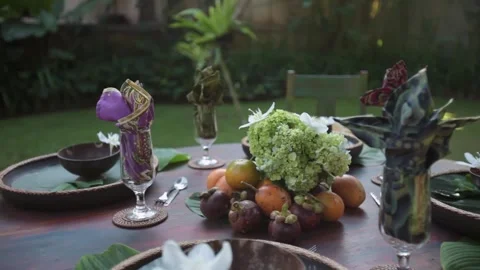 Eco Friendly Resort Restaurant Table Decoration with Coconut Bowls Stock Footage 339430738