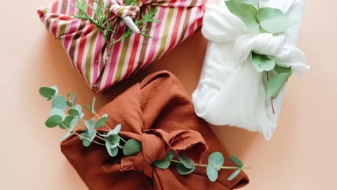 Eco friendly reusable fabric package furoshiki Stock Footage 162246774