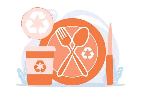 Eco friendly reusable tableware. Plastic free cutlery, ecological outdoor k.. Stock-Illustration